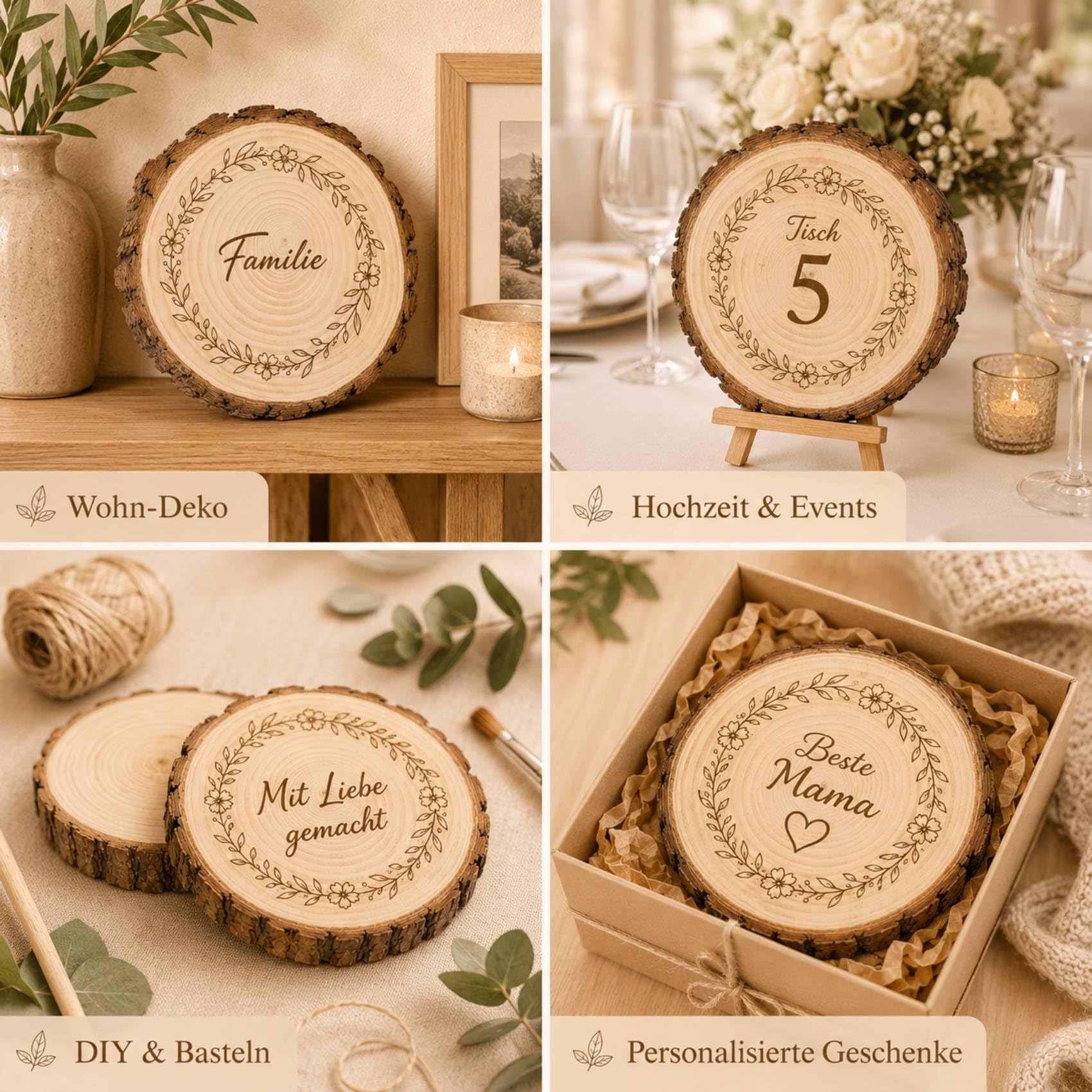 6er Set Personalisierter Holzscheiben mit Gravur Text Muster, 20-22 cm Durchmesser Baumscheiben Natur ohne Loch 15 mm Dicke, Große Holzscheiben für Hochzeit, Tischdeko & DIY Basteln