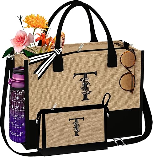 AUNOOL Initial Tote Bag and Makeup Bag Canvas Beach Bag Personalized Birthday Gifts Bridesmaid Gifts