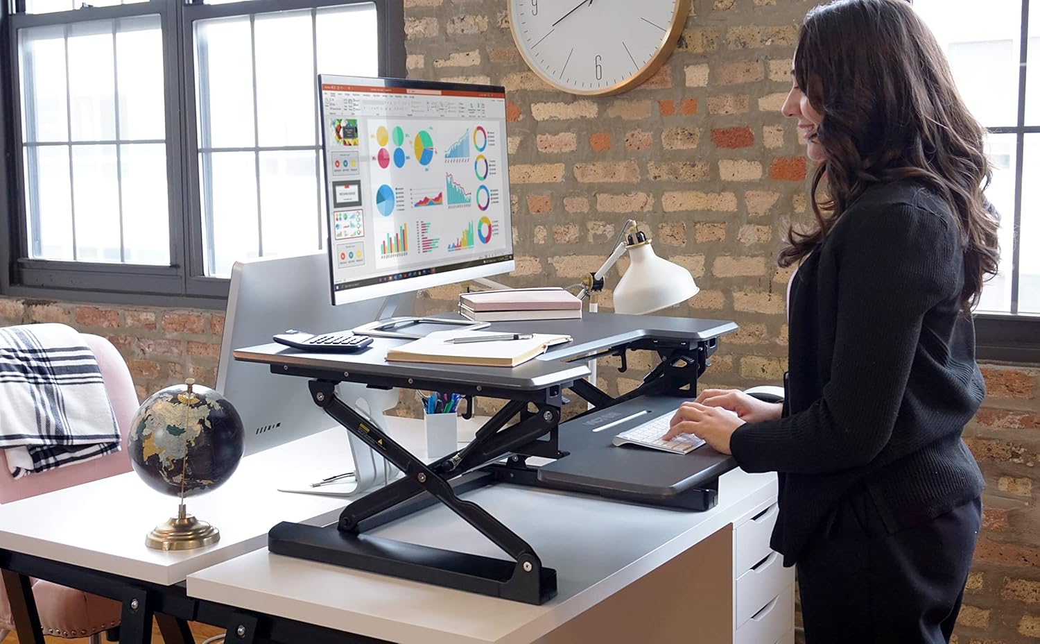 Victor DCX710G High Rise Collection Height Adjustable Standing Desk with Keyboard Tray (Gray) - Sturdy Steel Frame, Dual Lever Release System, 2 Tiered Wooden Work Surface and Keyboard Tray, 31 Inches