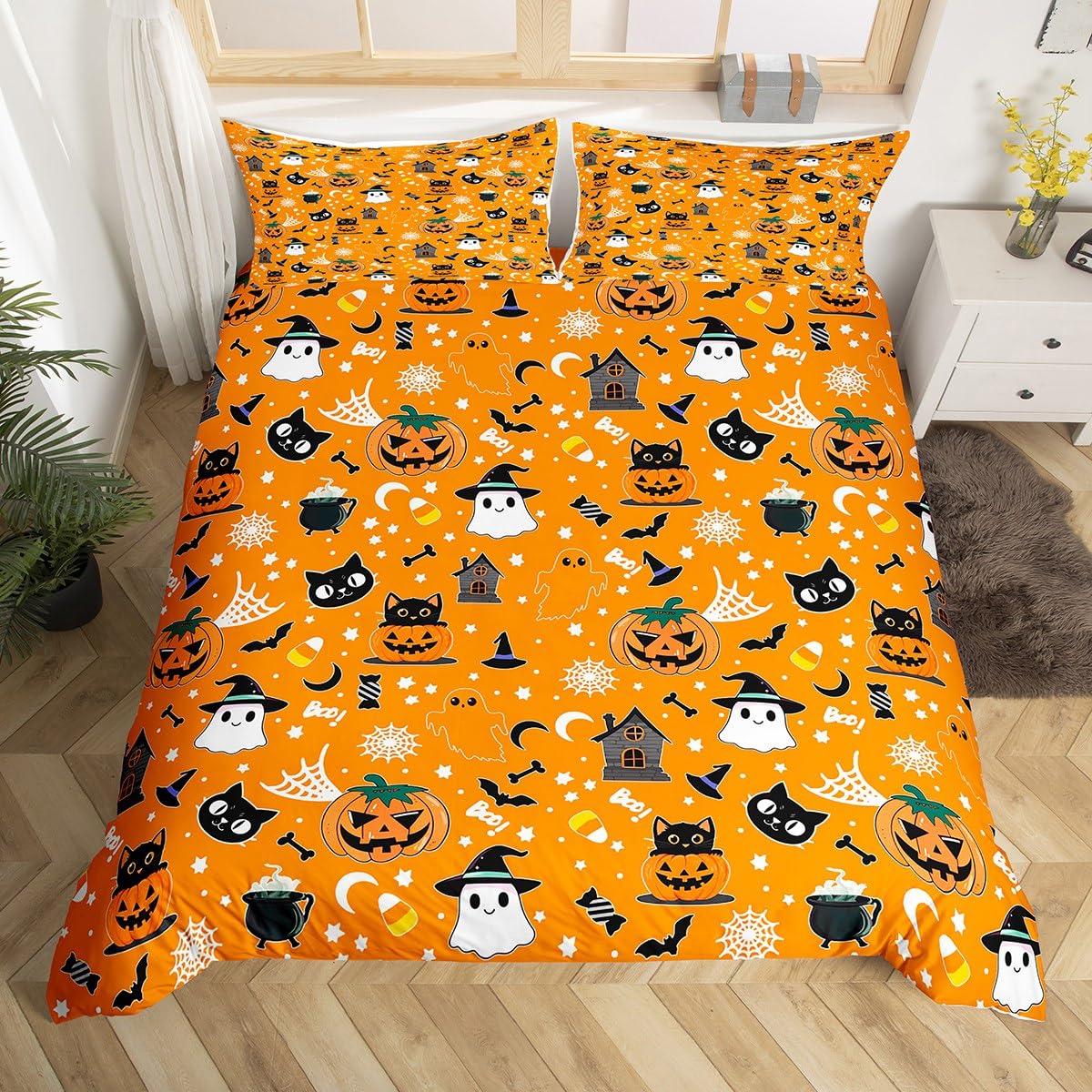 Happy Halloween Duvet Cover Super King Size,Cute Ghost Black Cat Orange Comforter Cover for Kids Teens Adults Bedroom Decor,Pumpkin Smiling Bat Network Bedding Set 2 Pillowcases,No Comforter โ image 1