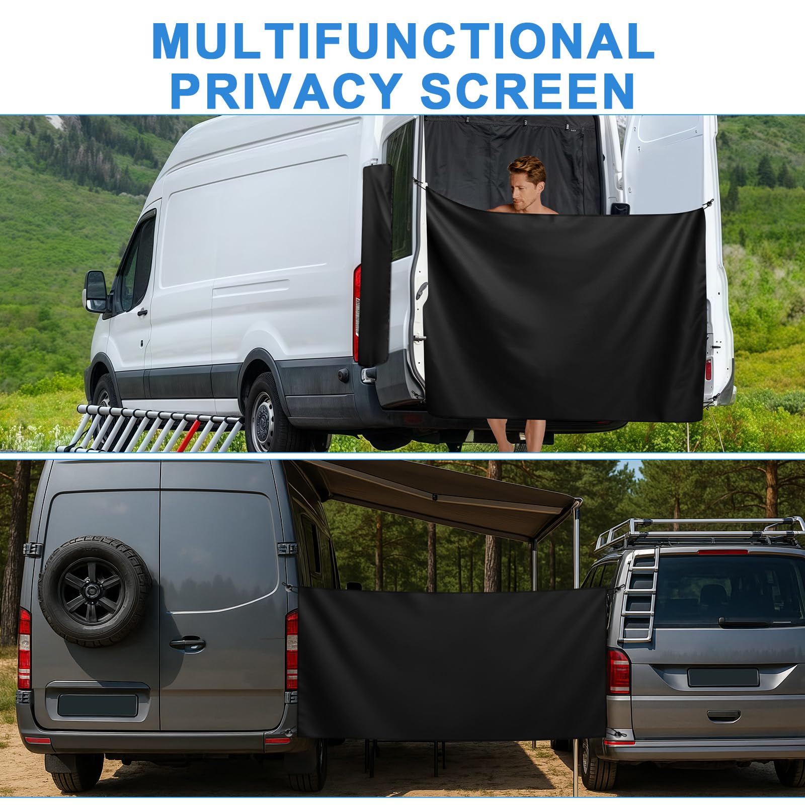 Rideau de Douche Ajustable pour Porte arrière avec Crochets magnétiques et Panneaux latéraux d'intimité pour Campeur VW T5 T6 Mercedes-Benz Sprinter Ford Transit F-iat Ducato Travelling