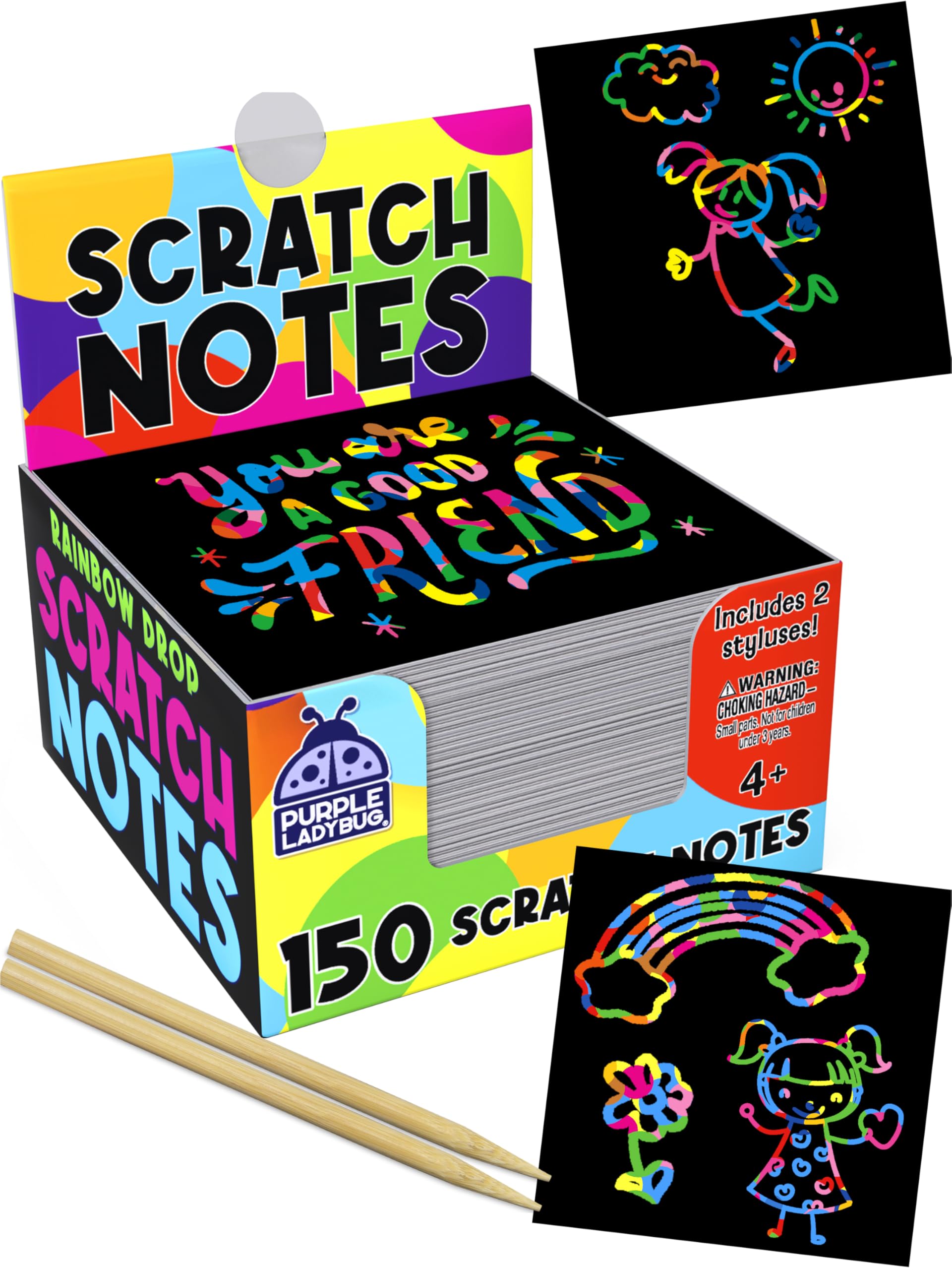 PURPLE LADYBUG Scratch Art Mini Notes for Kids - 150 Rainbow Sheets Scratch Art Papers, Gift for Girls, Boys, Teens, & Birthday Presents for Teenagers, & Adults, Summer Activities for Kids