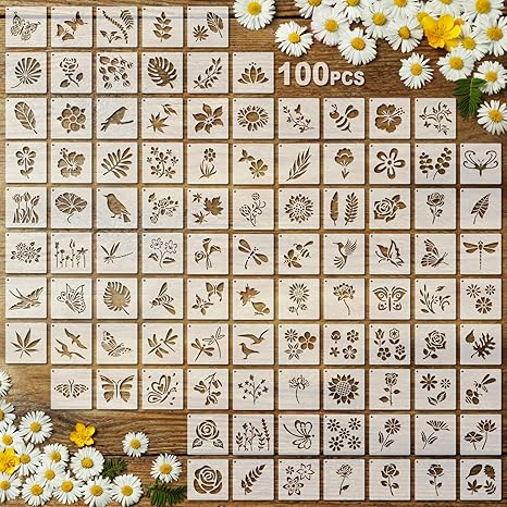 100 Pcs Stencils for Painting on Wood Reusable Stencil Crafts Drawing Templates Holiday Wall Paper for DIY Scrapbook Home 2 x 2 Inch(Flower, Plants)