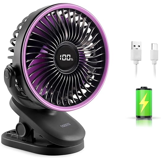 Gesto High Speed Rechargeable Clip-On Table Fan with Digital Display 360 Moving USB Charging Fan for Home,Kitchen,Baby Stroller | 2000mAh Battery,5 Speed Modes,Portable Battery Operated Fan -Black