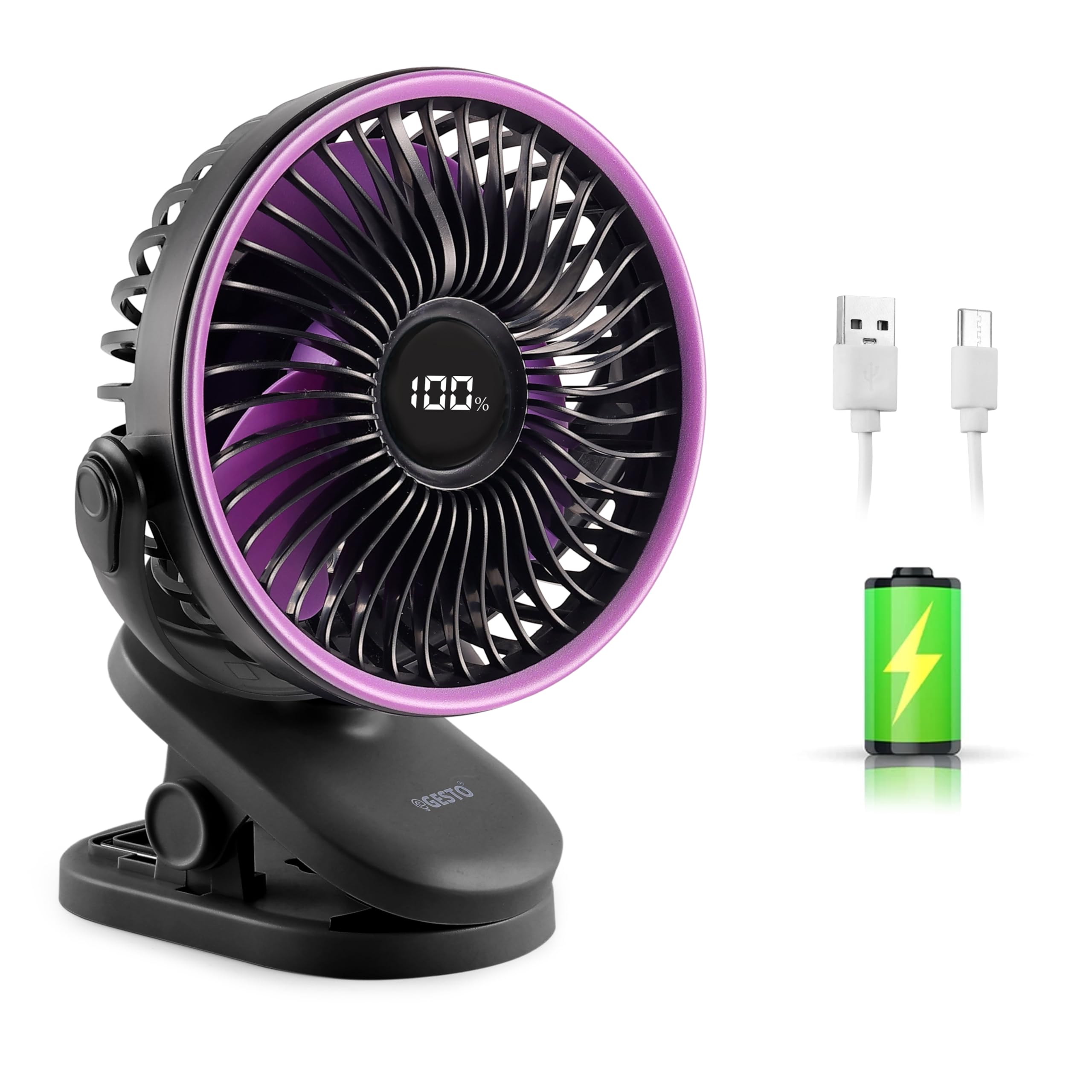 Gesto High Speed Rechargeable Clip-On Table Fan with Digital Display – 360° Moving USB Charging Fan for Home,Kitchen,Baby Stroller | 2000mAh Battery,5 Speed Modes,Portable Battery Operated Fan -Black