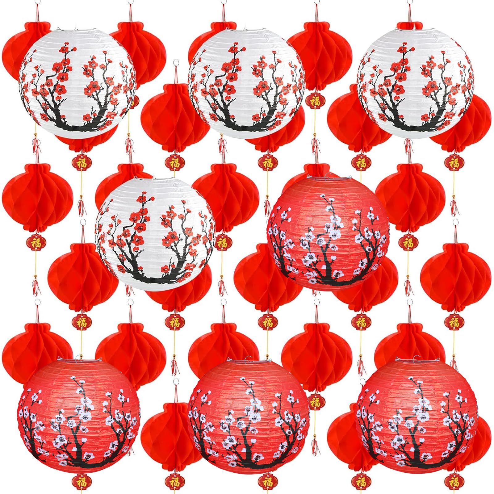 Coopay 40 Pcs Chinese Japanese Paper Lantern Includes 8 White Red Cherry Blossom, 12 Inches Japanese and 32 Chinese Red Paper Lanterns for Spring Festival New Year Wedding Home Hibachi Party Decor