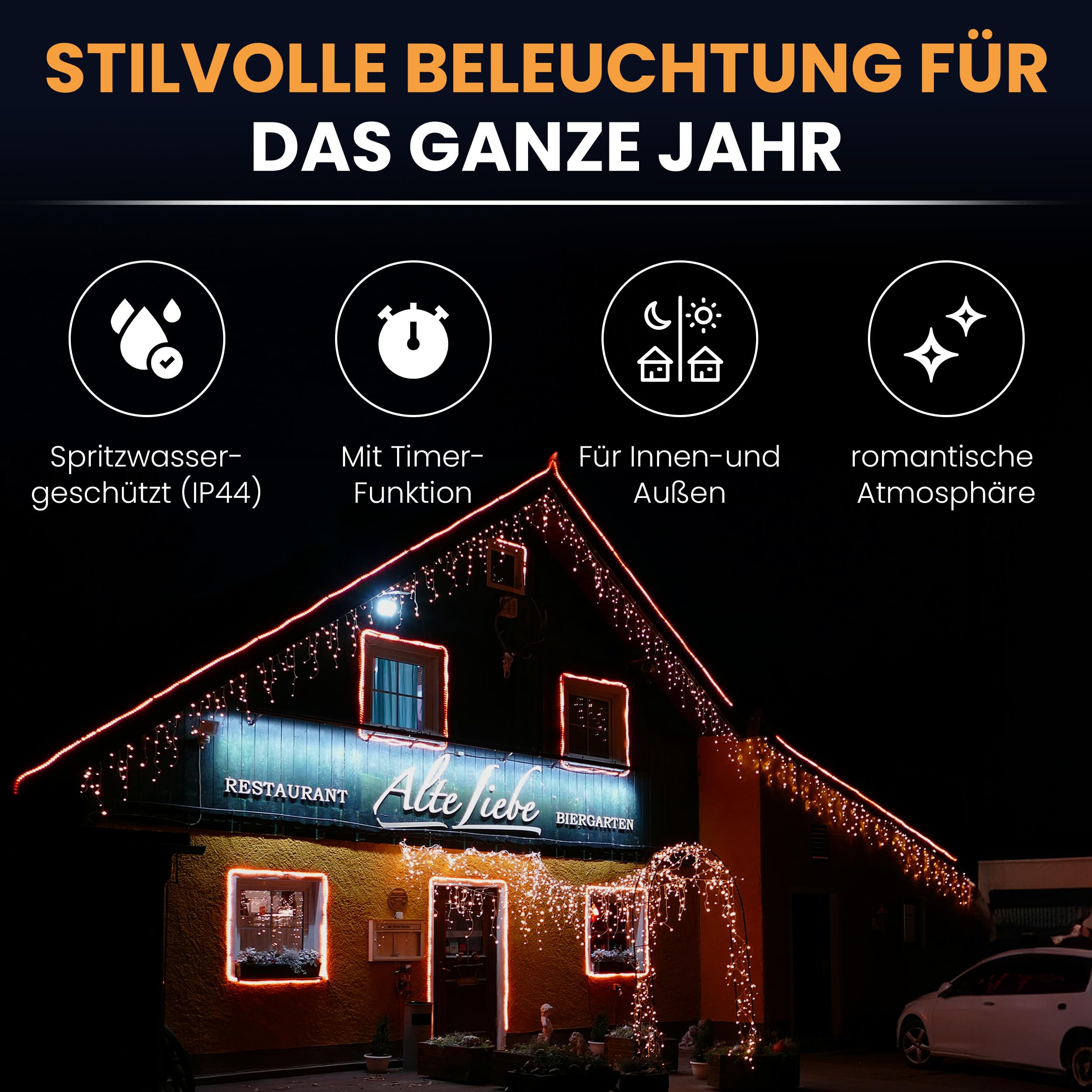 Gartenpirat Eisregen Lichterkette 24 m 960 LED warmweiß LED-Lichterkette außen innen Timer Flash-Effekt