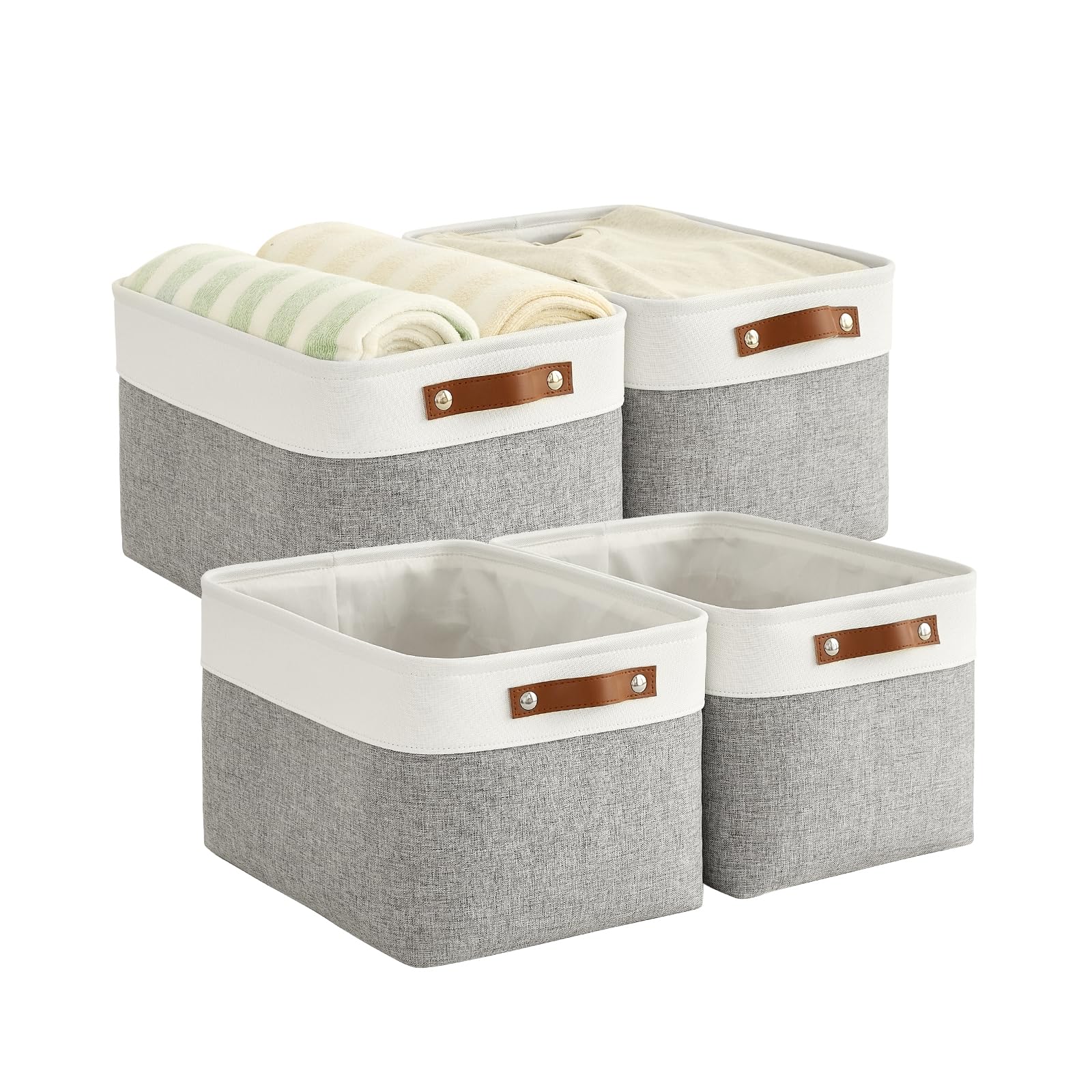 Bagnizer Klappbare Aufbewahrungskörbe für Regale Schrank 4-teilig Stoff-Organizer-Boxen mit Griffen Wasserdichte Leinwand-Box für Kleidung, Haustierspielzeug, Büroprodukte 30x20x15CM Grau & Weiß