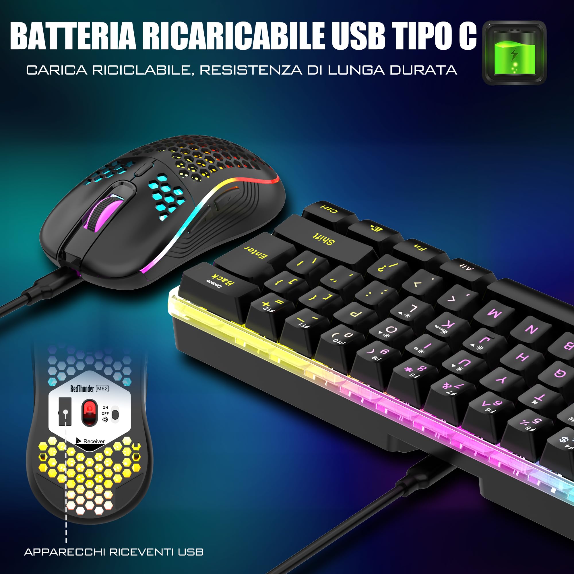 RedThunder 60% Tastiera da Gioco Meccanica Senza Fili, Retroilluminazione Dinamica RGB, Mouse a Nido D'ape Leggero da 3200 DPI, Tastiera Ultracompatta, 62 Tasti Antiriflesso, Layout IT per PC/PS5-Nero