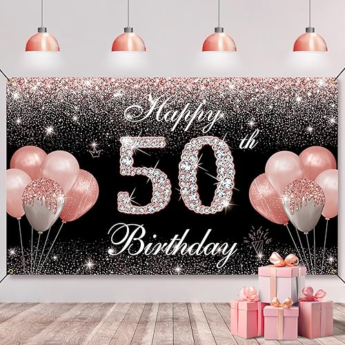 Fondo de pancarta de cumpleaños 50, decoraciones de feliz cumpleaños 50 para mujer, oro rosa, fabuloso cumpleaños de 50 años, letrero de patio, disponible en Yaxa Costa Rica