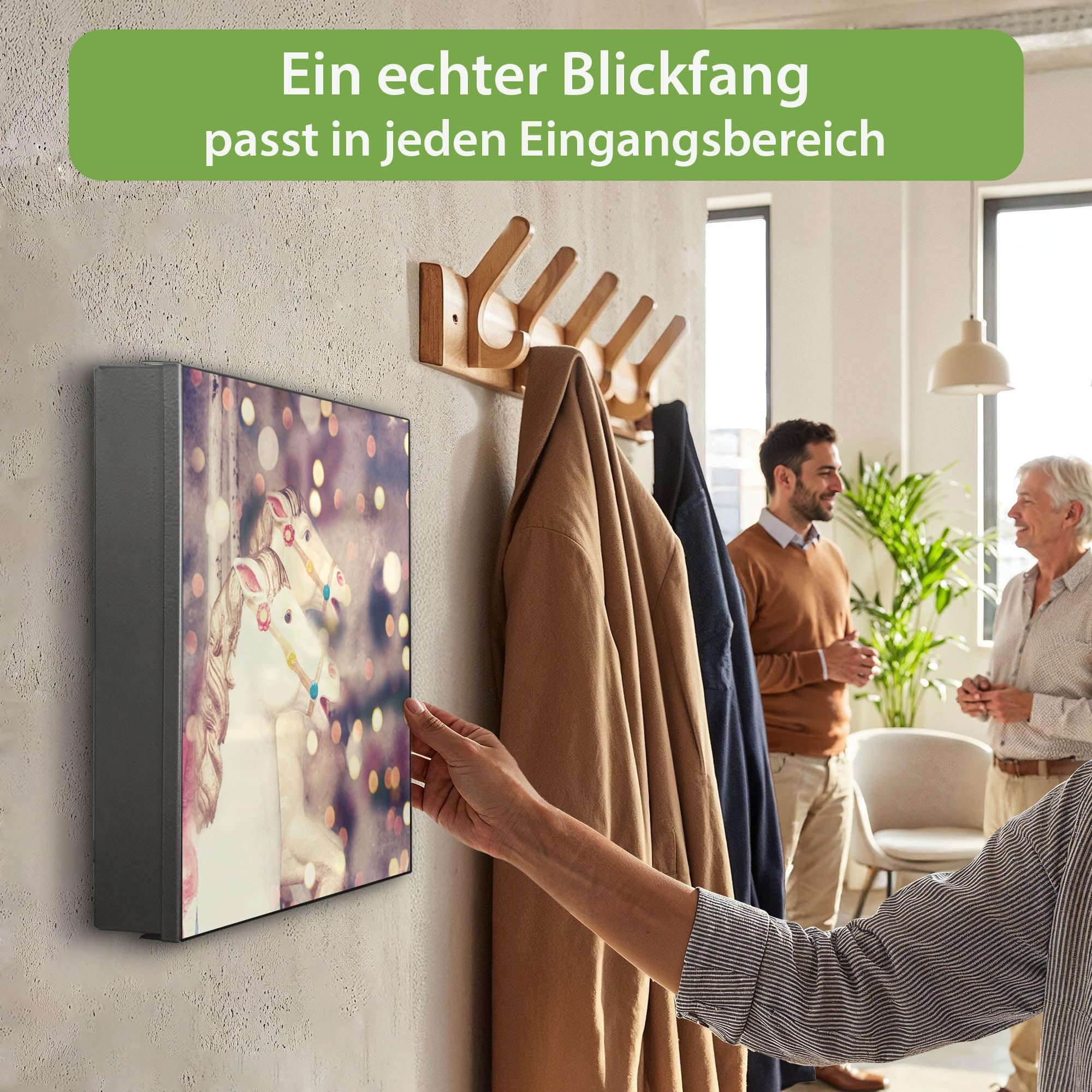banjado Großer Schlüsselkasten Metall - Schlüsselbox 30x30cm beschreibbarer mit 32 Haken - Schlüsselkasten modern für Schlüsselaufbewahrung - Korpus Schwarz Scharnier Links - Motiv Kinderkarussell