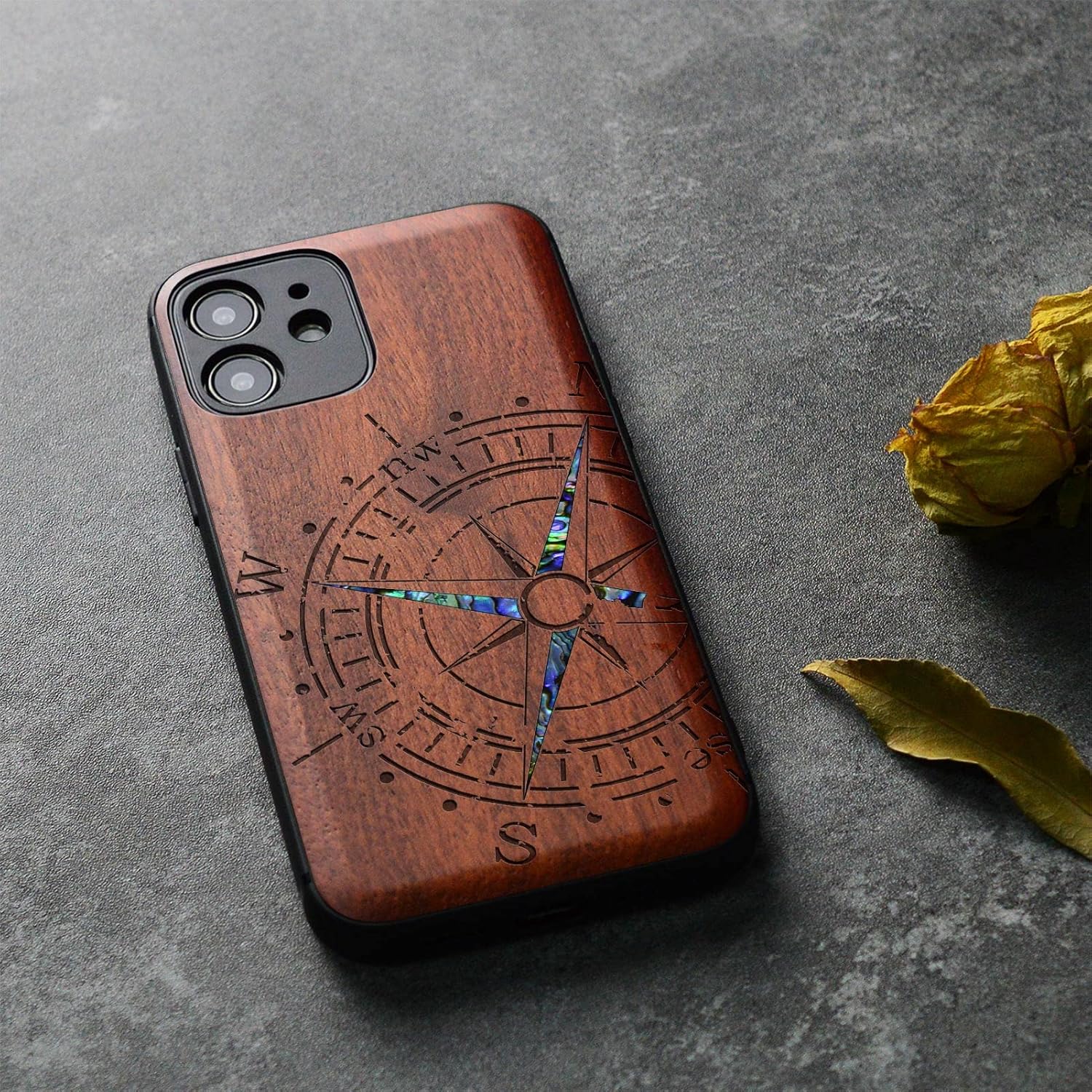 Carveit Designer Wooden Protective Case for iPhone 12 Mini Magnetic Cover [Wood Engraving & Shell Inlay] Wood Phone Case Compatible with 12 Mini MagSafe 5.4 Inch (Compass-Rosy)