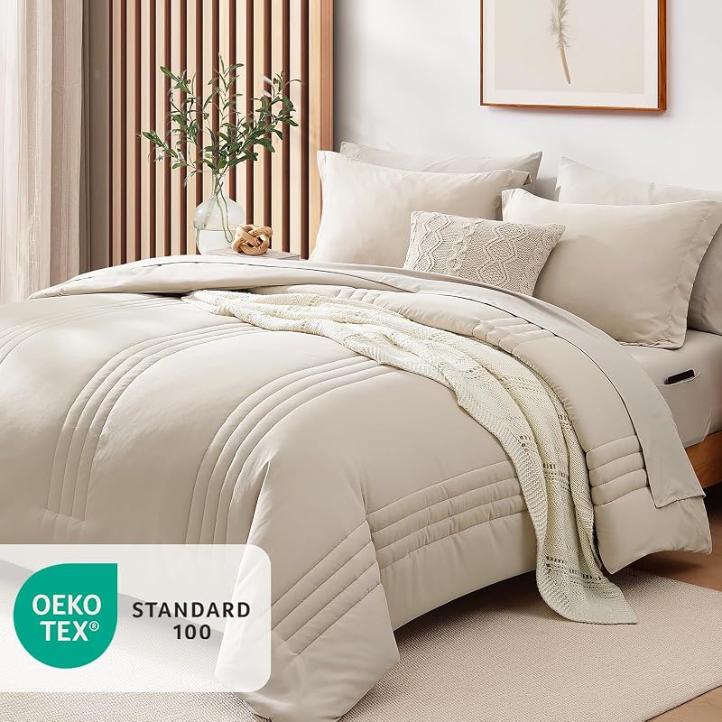 Queen Comforter Set-7 Pieces Beige Soft Bed in a Bag Queen Bedding Sets image 4