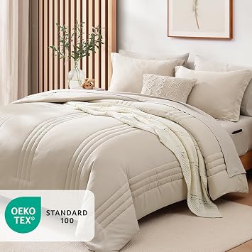Monbix Twin XL Size Comforter Set - 5 Pieces Dorm Bedding Sets, Quilting Design Fluffy Bed in a Bag Twin XL with Sheets, Pillowcase & Sham(Apricot Beige)