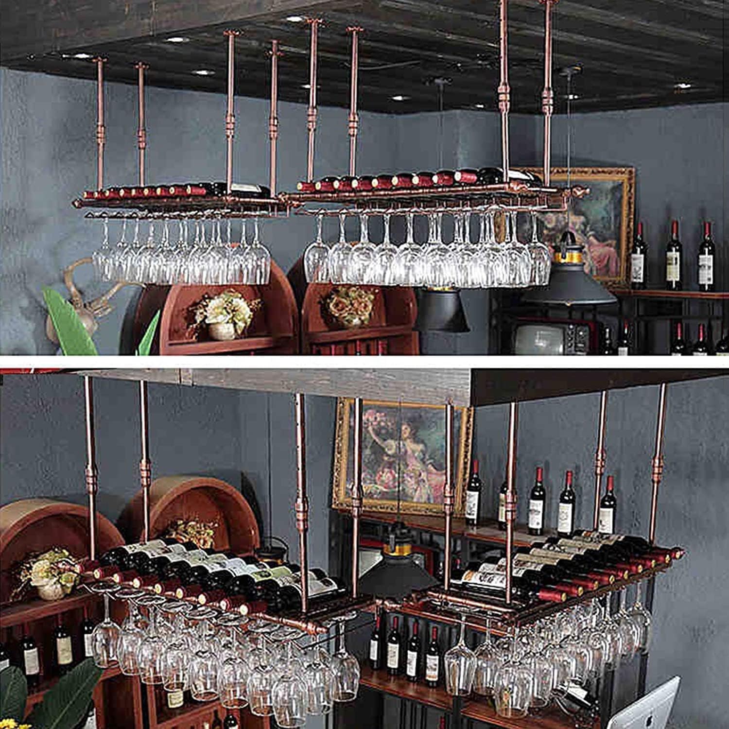 Étagère à vin murale réglable en métal avec design empilable, support de verres à pied et fonction réglable en hauteur, porte-bouteilles élégant à suspendre au plafond ou au mur (60 x 30 cm)