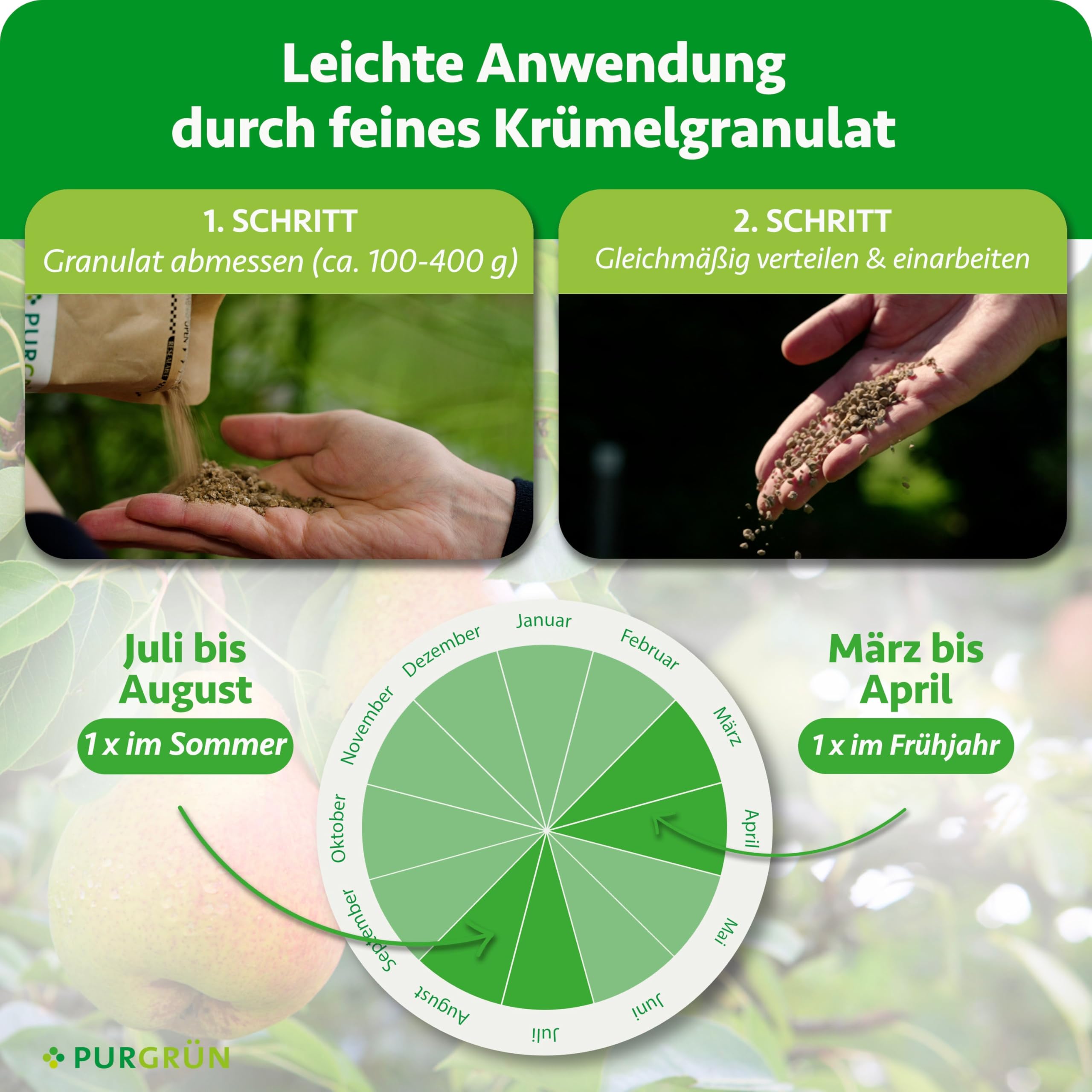 Bio-Birnen-Dünger 1 kg – Organisch-mineralische Rezeptur – Feinkörniges Krümelgranulat – NPK 6+3+8 – Mit Magnesium für saftig süße Birnen – Verbessert die Bodenqualität