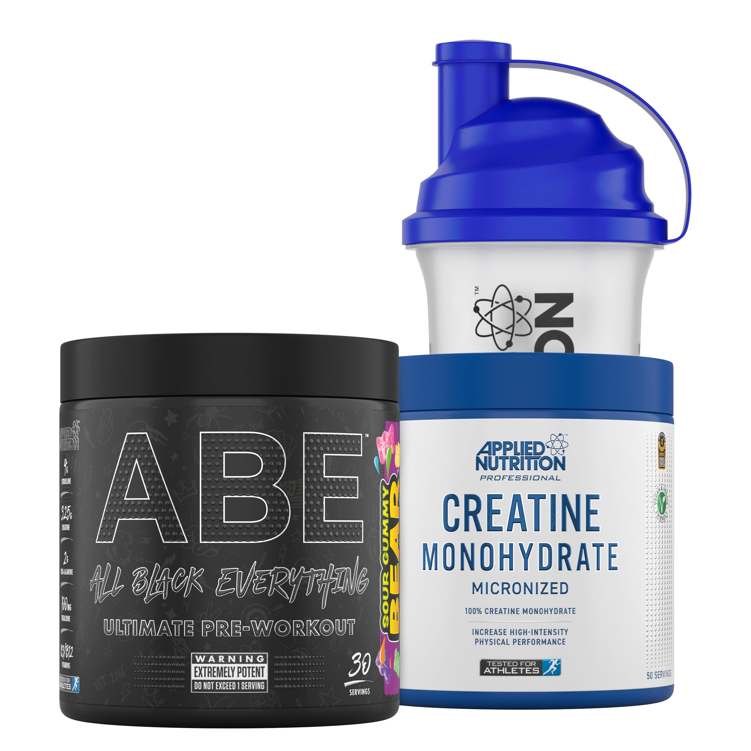 Applied NutritionBundle ABE Pre Workout 315g + Creatine Monohydrate 250g + 700ml Protein Shaker | All Black Everything Preworkout with Citrulline, Creatine, Beta Alanine (Sour Gummy Bear)