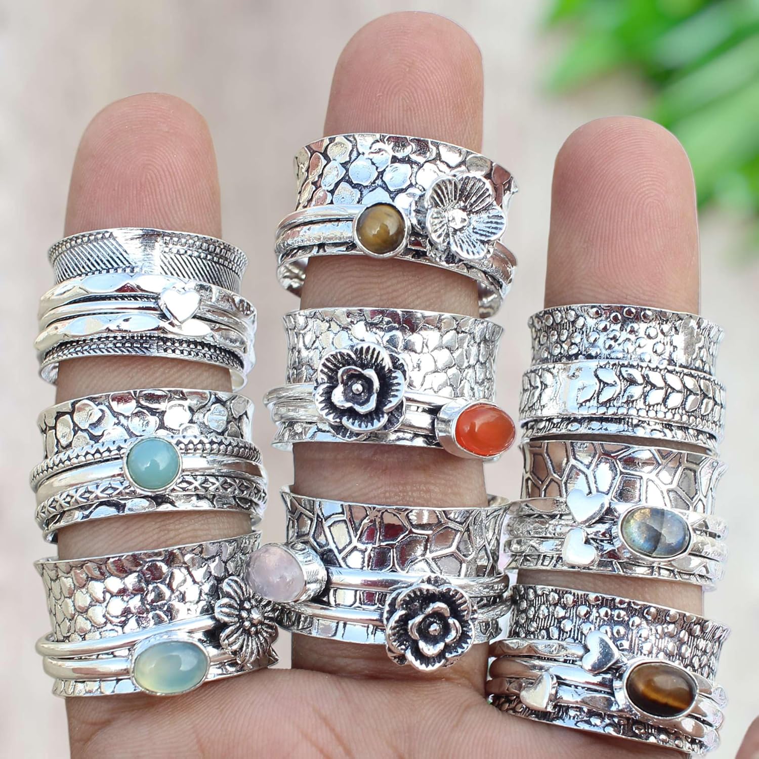 Spinner Rings Wholesale Lot for Women - Rings for Women - Fashion Ring Set, Silver Plated Stress Relief Fidget Spinner Ring, Handmade Mix Gemstone Rings For Women