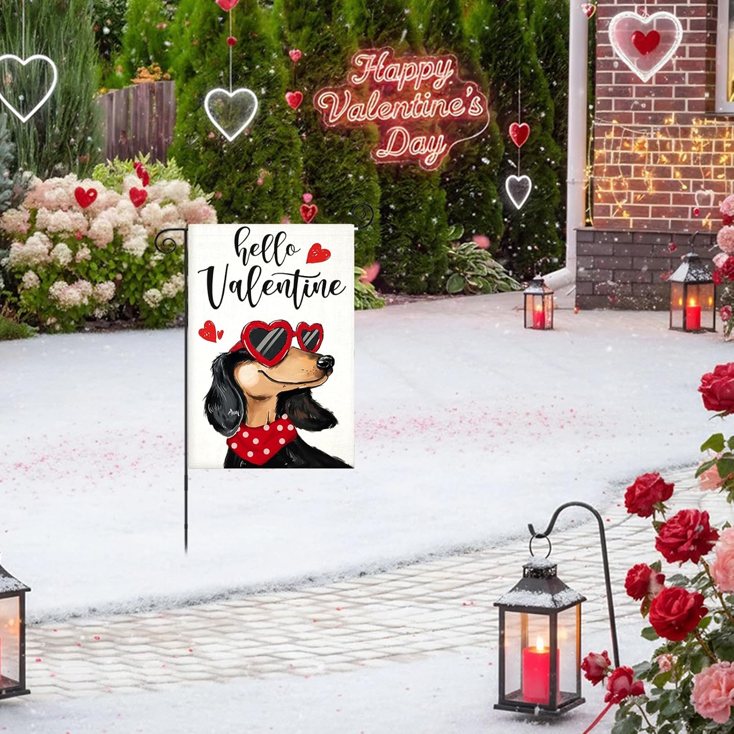 Hello Valentines Garden Flags 12x18 Inch Double Sided, Dachshund Dog with Love Sunglass Heart Small Seasonal Decoration for Holiday Anniversary Wedding Yard Outside Outdoor - Image 4