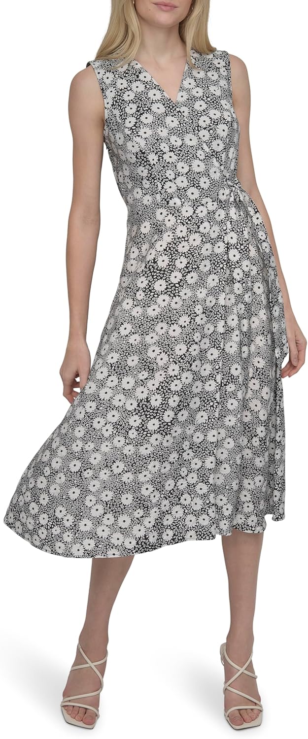 DKNY Womens Sleeveless Surplice Neck Partially Lined Faux Wrap Shirtdress - Image 2