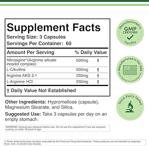 Vista 2 de Suplemento de óxido nítrico (sin estimulantes pre-entrenamiento) - Booster de óxido nítrico con nitrosigina, L-arginina y L-citrulina