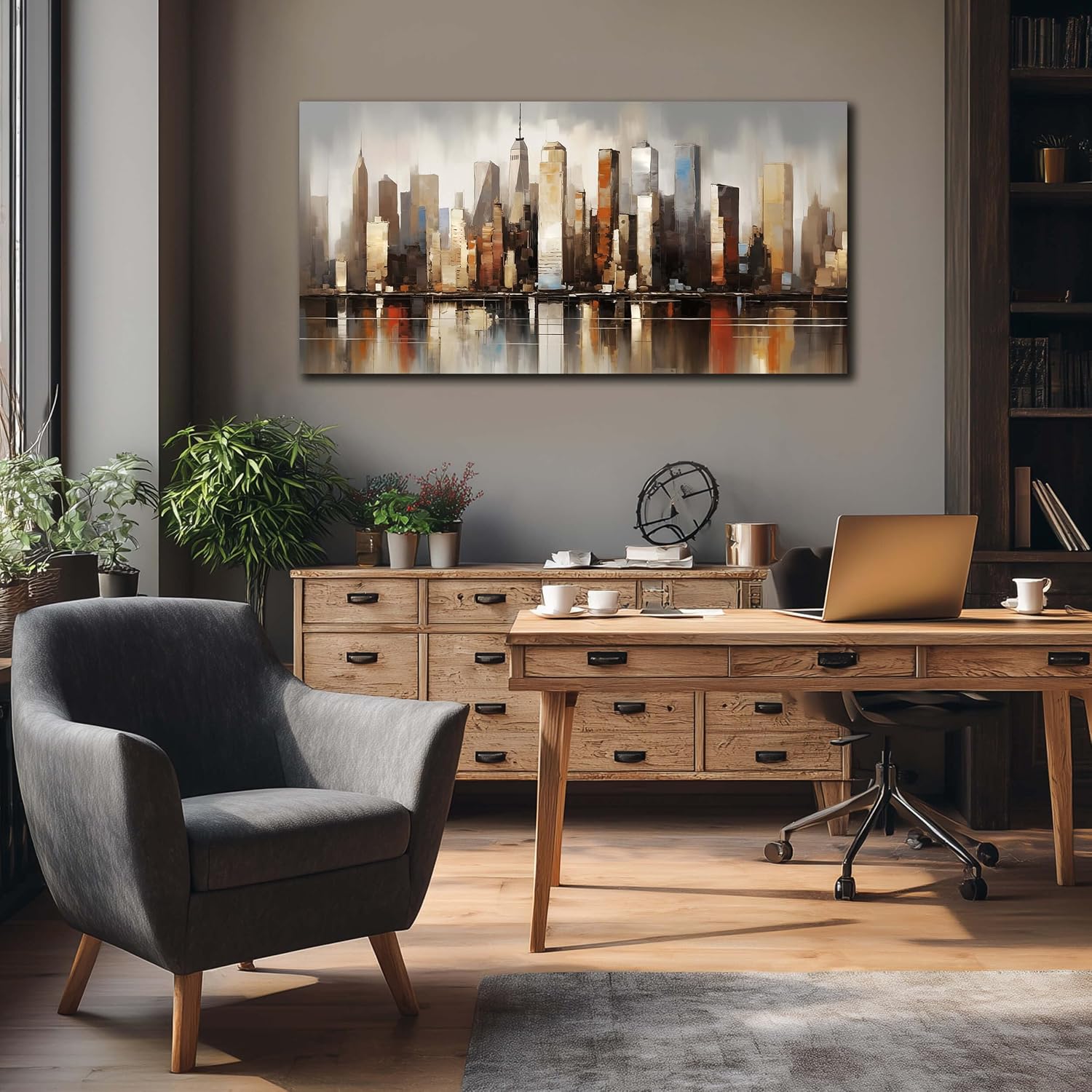 Fuwobriva Large Abstract Living Room Canvas Wall Art for Living Room Office Bedroom Wall Decor Modern Brown Grey City Night Scene Abstract Wall Art Print Paintings 20"x40"