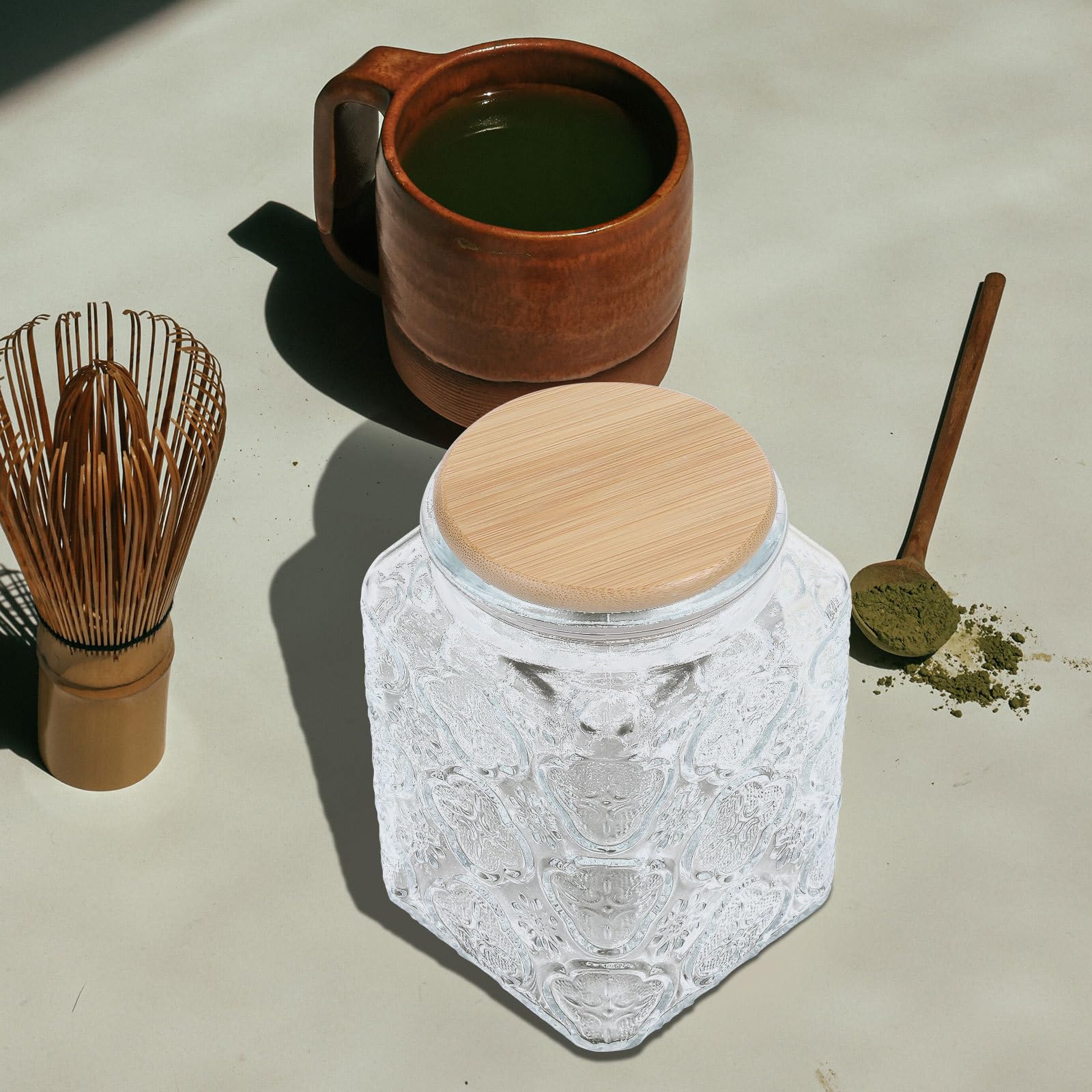 ULTECHNOVO 3 Piezas Tarro de Cristal Tapa de Bambú de 750ml Diseño de Flores en 3d, Frasco Hermético de Vidrio Resistente para Almacenar Cereales y Miel en Cocina o Restaurante