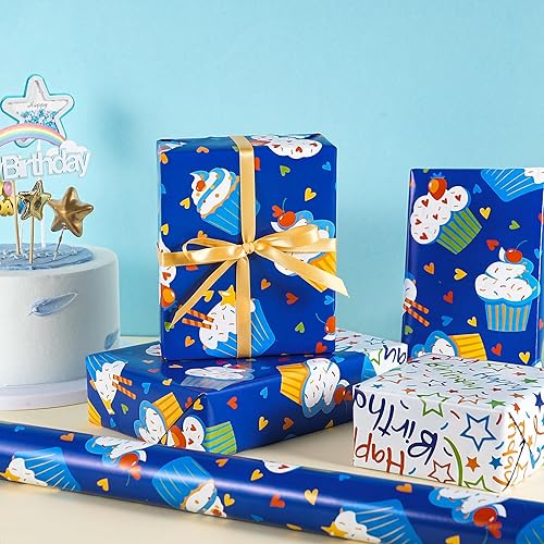 Miniatura 5 de RUSPEPA Rollo de papel de regalo reversible de cumpleaños, mini rollo, diseño de cupcake azul y texto colorido feliz con estrellas, colorido y