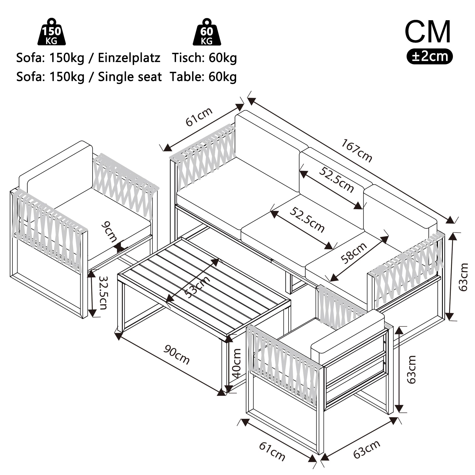 Set di mobili da giardino da esterno a 5 posti, con piedini regolabili, imbottiture e struttura in metallo antiruggine, per balcone, terrazza, grigio