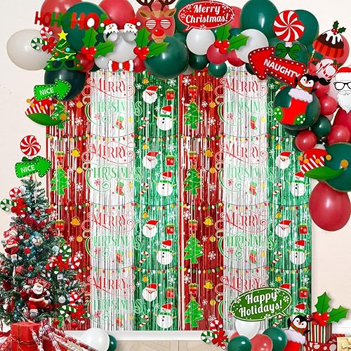 Miniatura 1 de Avezano Juego de 98 piezas de decoraciones navideñas, cortinas de oropel con flecos de papel de aluminio de Feliz Navidad, globos de arco de