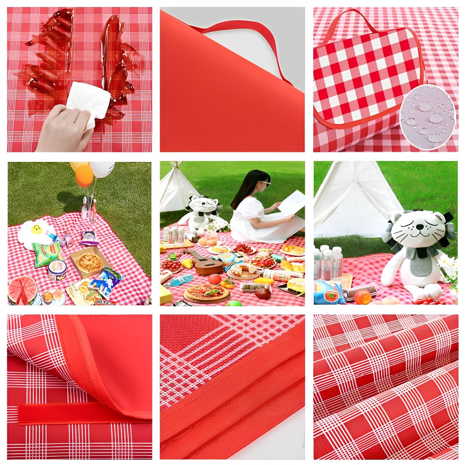 Coperta da Picnic 300x200cm Pieghevole Portatile con Maniglia Lavabile Plaid Rosso per Campeggio Viaggi