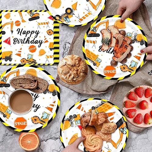 Miniatura 7 de Suministros para fiesta de cumpleaños de construcción, juego de suministros para fiestas de construcción, incluye platos, servilletas, cubiertos