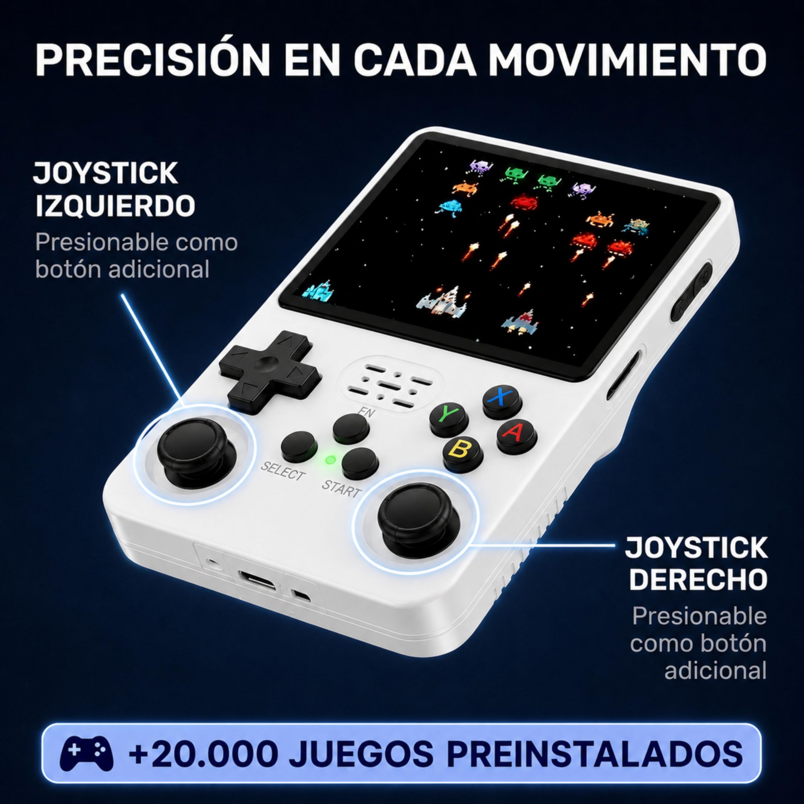 Console rétro portable avec 17 000 à 21 000 jeux - Version 2026 - Mini console d'arcade - Jeux PS1, PSP, N64, NDS, GBA, NeoG, etc. - Écran HD 3,5' 640 x 480 - Repousse les imitations (blanc)