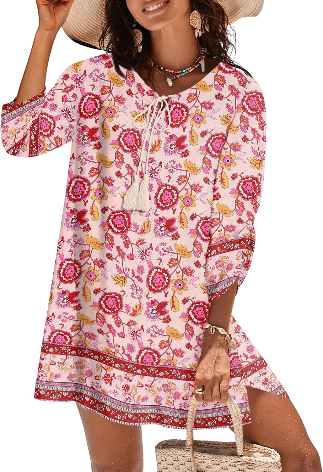 Zeagoo Womens Boho Dresses Casual Beach Summer Dress Tassel Tie Neck 3/4 Long Sleeve Mini Sundress 2026 Floral Print Cover Up - Image 5