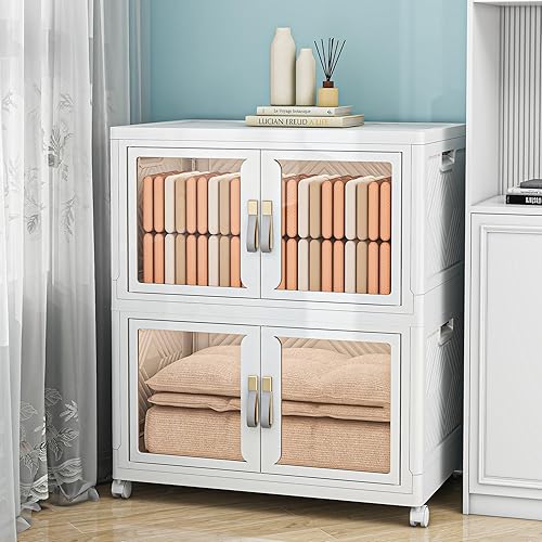 Contenedores de almacenamiento apilables transparentes grandes con tapas, armario de almacenamiento plegable para organizadores de clóset y