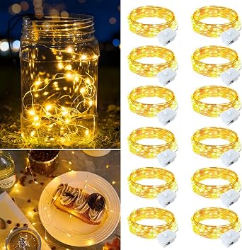 12 Pack Warm White Fairy Lights Battery Operated, 7ft 20 LED Mini String Twinkle Lights for Christmas Halloween Mason Jars Centerpiece Table Decorations 12, Warm White