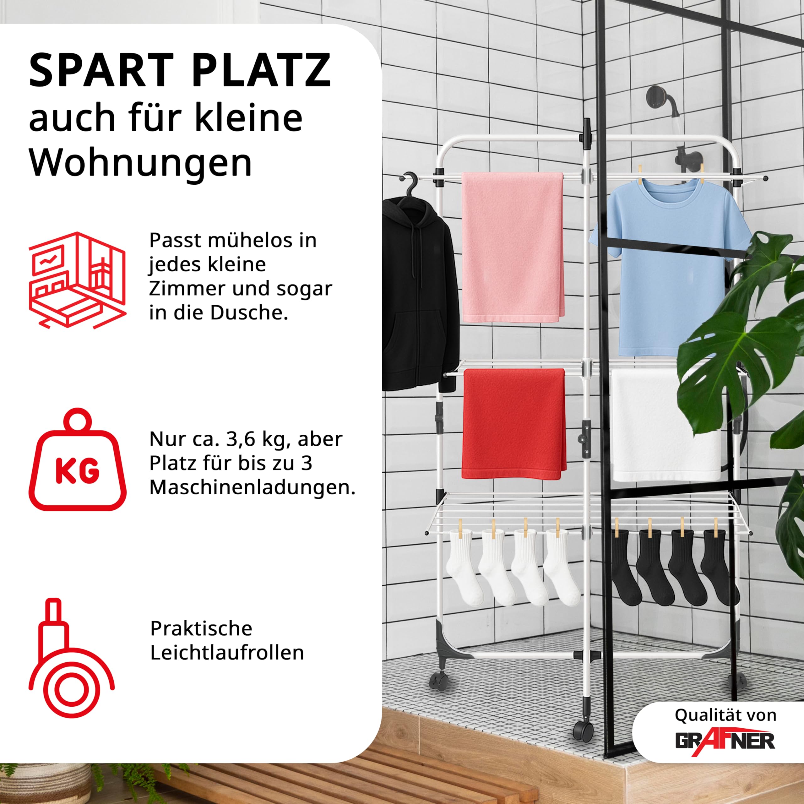 Grafner Wäscheständer Turm, 30 Meter Leinenlänge, mit Rädern, klappbar und platzsparend, 3 Etagen, 6 Faltbare Flügel, rollbar und standfest, mobiler Turm Wäscheständer Trockenständer Trockenregal