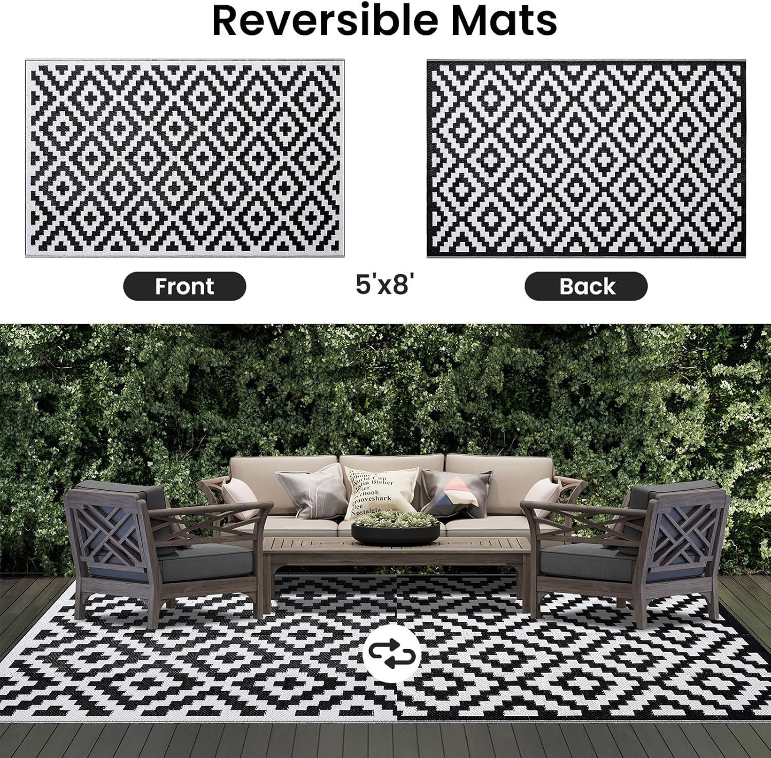 smiry Alfombra para exteriores, impermeable, resistente a los rayos UV, para patio exterior, reversible, de plástico, para balcón, camping, picnic, patio trasero, 150 x 240 cm, blanco y negro