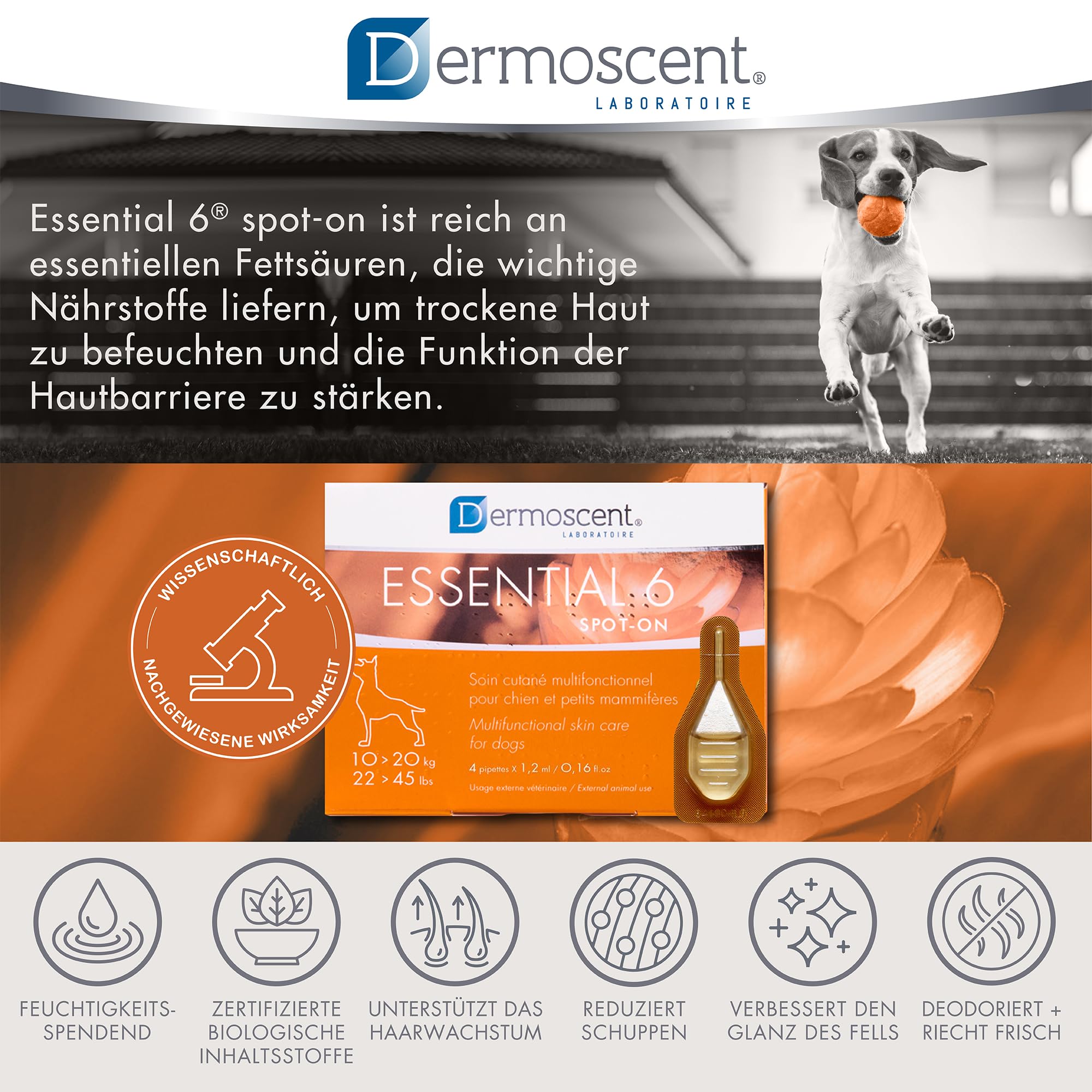 Innovative Hautpflegelösung für Hunde und kleine Haustiere | Feuchtigkeitsspendend, glänzend, kontrolliert Haarausfall, reduziert Gerüche und schützt mit natürlichen Inhaltsstoffen | 10-20 kg
