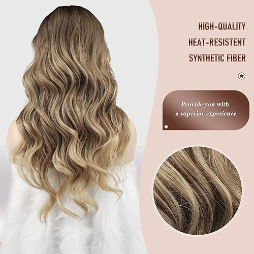 Miniatura 4 de FESHFEN Pelucas largas onduladas para mujer, 26 pulgadas, rubio degradado, mezcla de marrón con raíces oscuras, pelucas de raya en medio, pelucas