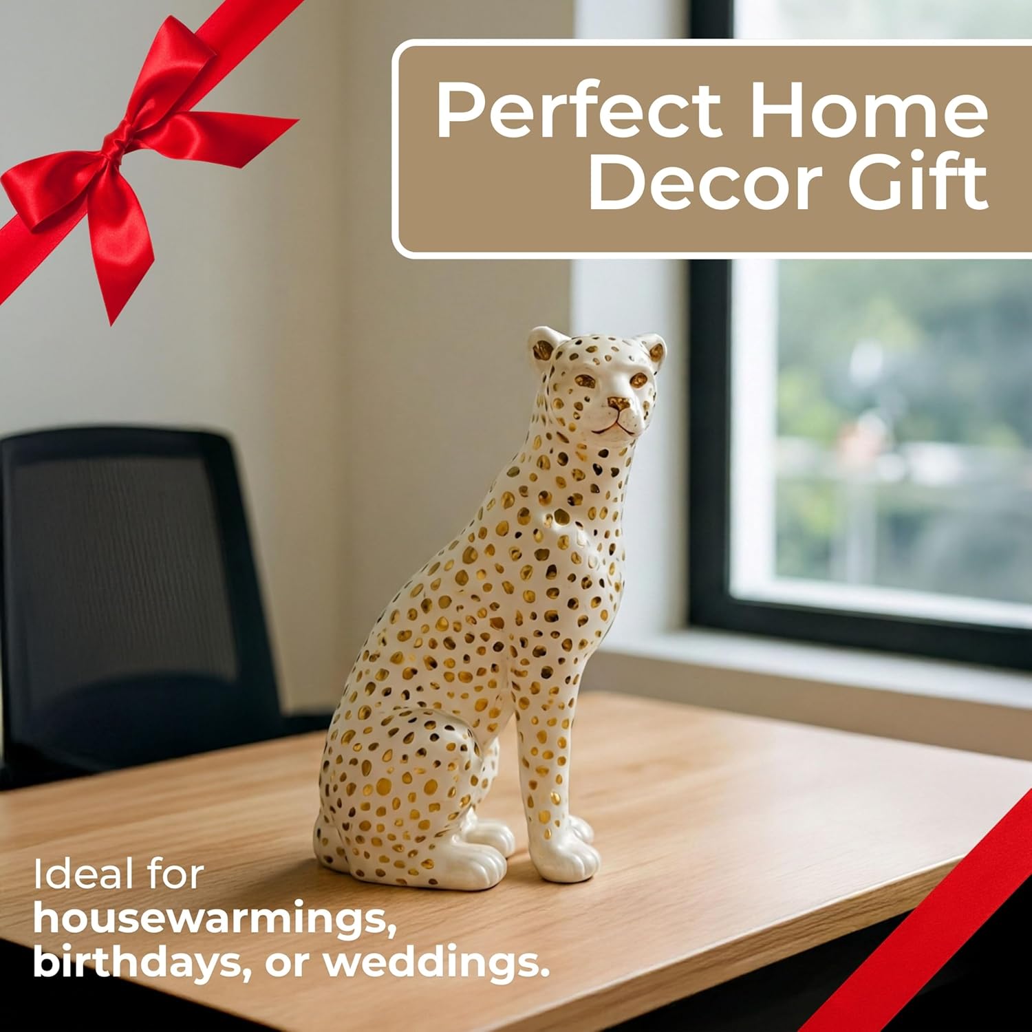 White Leopard Decorative Figurine with Gold Accents – Ceramic Stoneware Decor Sculpture Accent – Figurines & Sculptures Home Decor for Office, Bedroom & Living Room – 11"