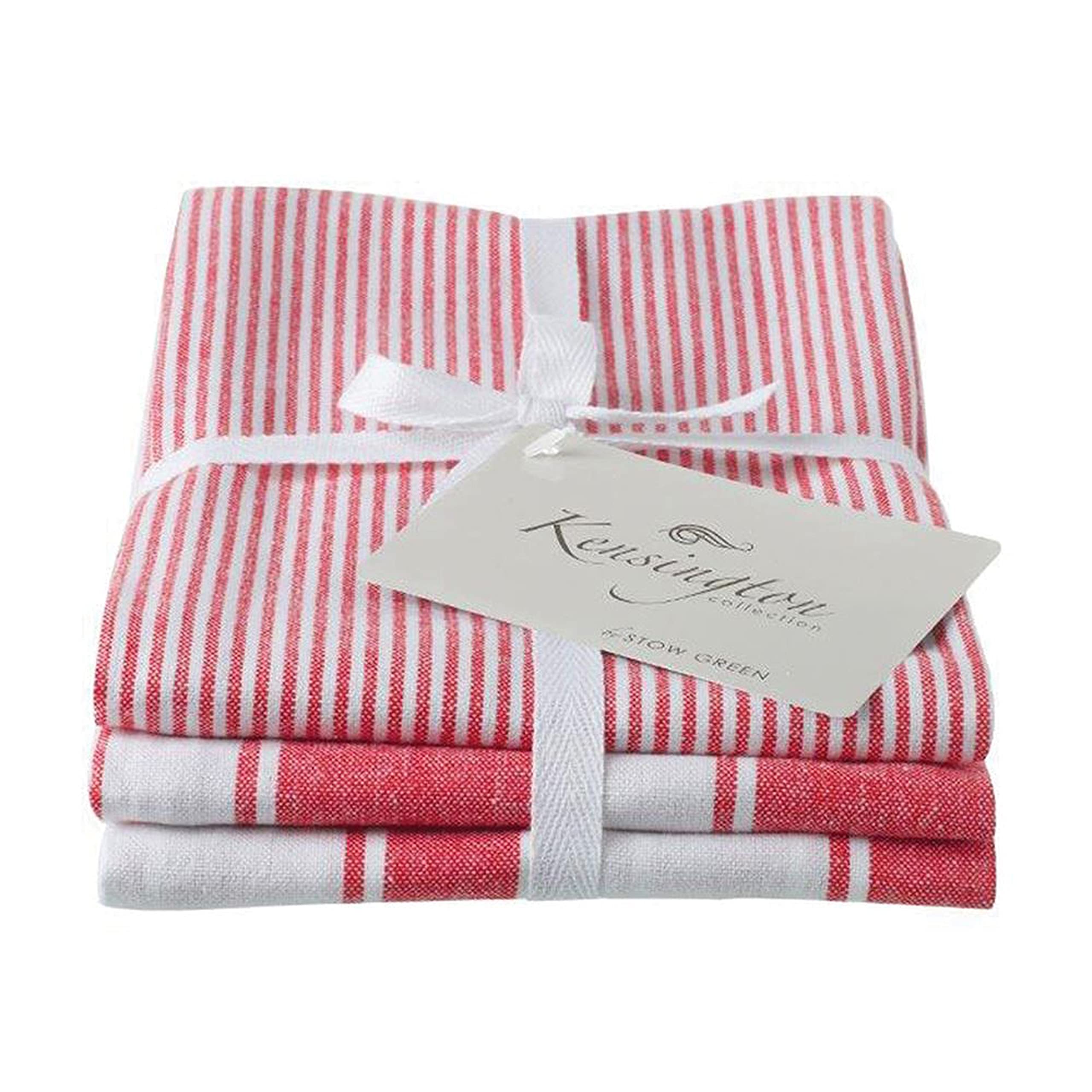 Auntie Morags White,Red Eddingtons - Kensington Stripe Tea Towel Set Of 3 - Red