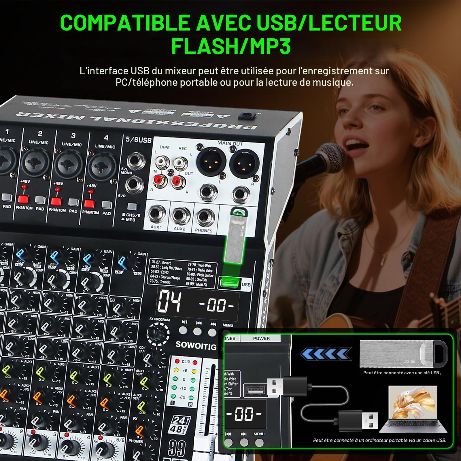 Console de mixage audio 6 canaux avec 99 effets DSP, mixeur DJ numérique, table de mixage professionnelle avec USB, Bluetooth, alimentation fantôme 48 V