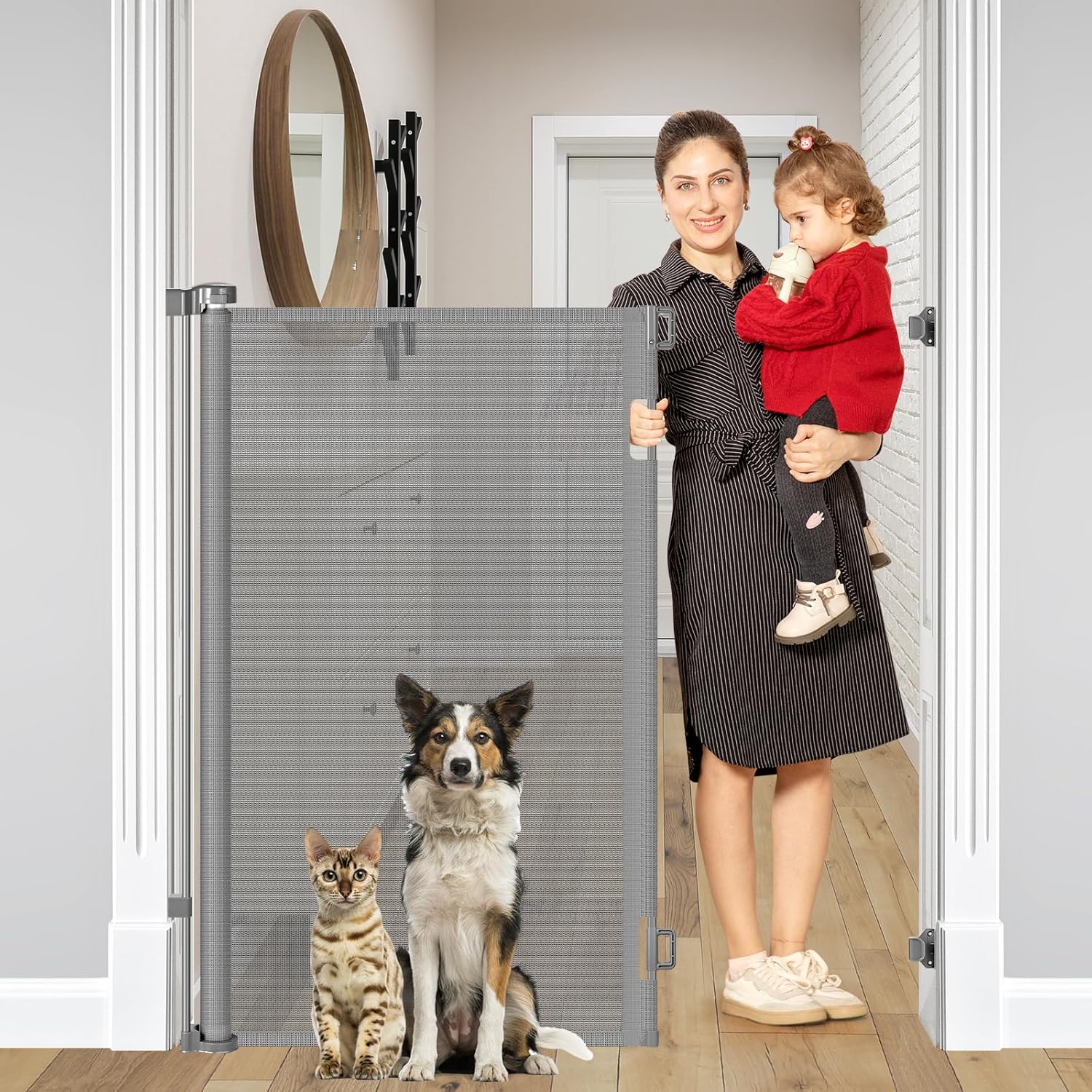 48 Inch Extra Tall Dog Gate, Extends to 55" Wide, Extra Tall Retractable Baby Gates for Doorways Pet Gate Indoor Mesh Cat Gate - Upgraded Height to Prevent Jumping Over, Gray Gray 48" Tall x 55" Wide