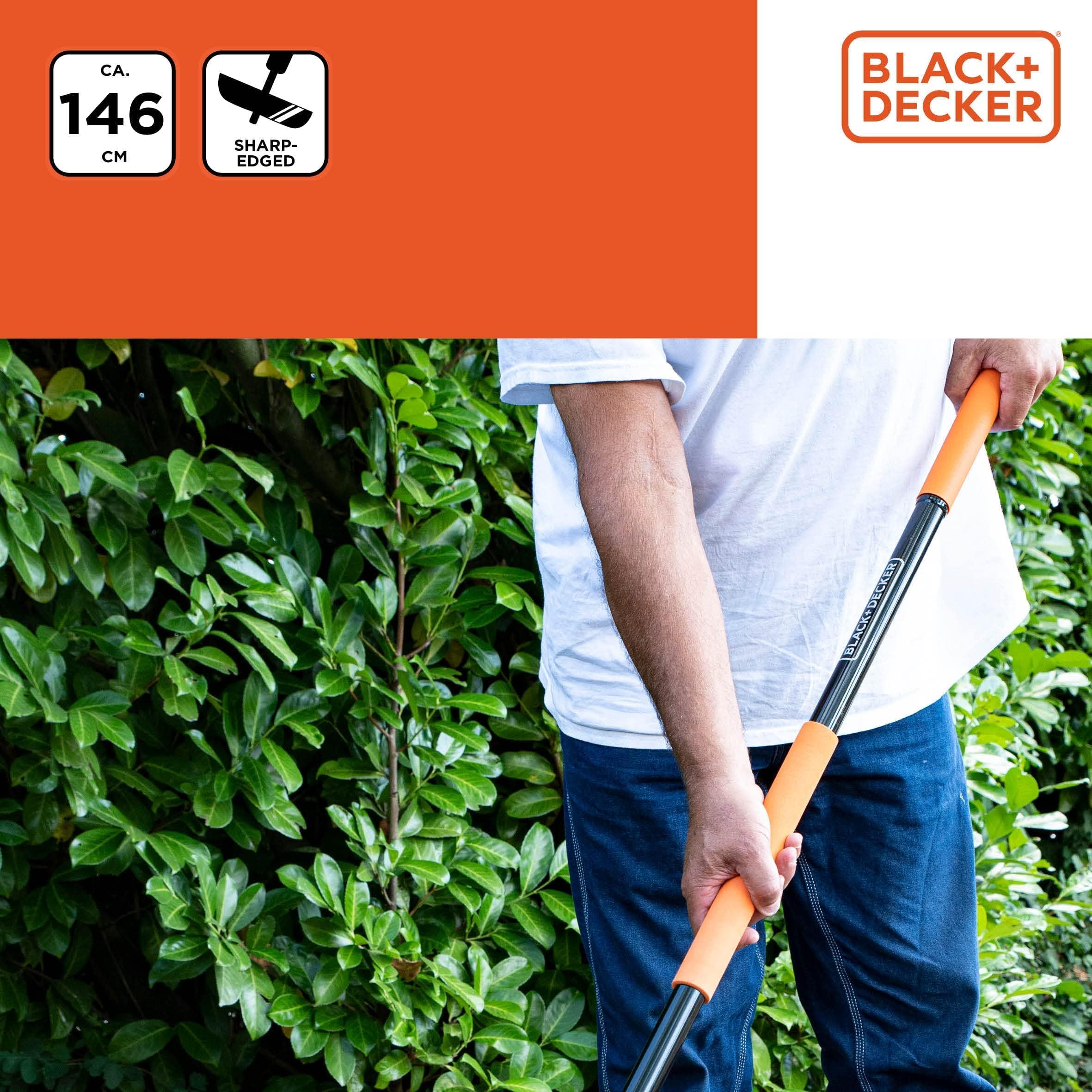 Black+Decker Motyka ogrodowa z trzonkiem – 146 x 16 x 14,5 cm – 990 g – motyka – pielenie chwastów i uprawa gleby – czarna/pomarańczowa