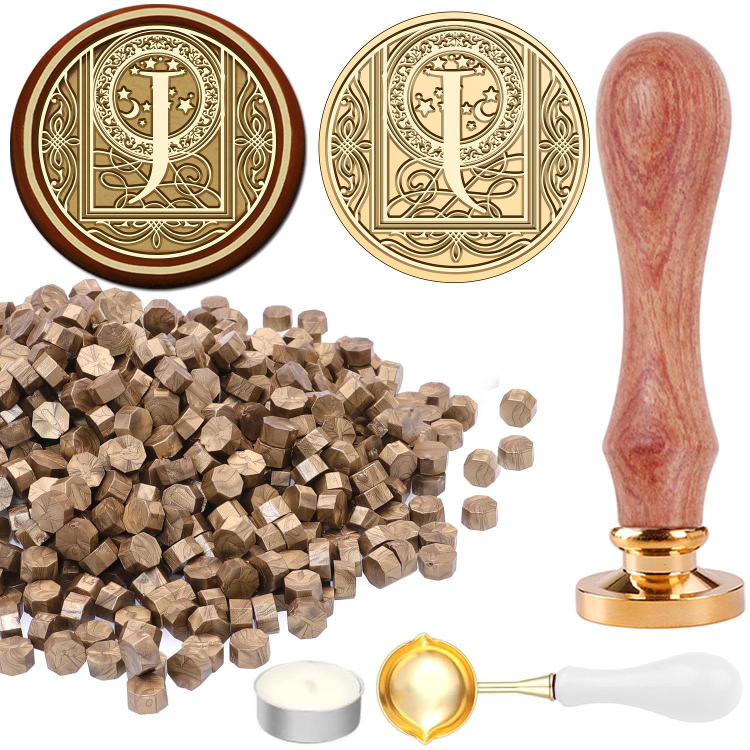 STAMPMASTER Alphabet J Wax Seal Kit Vintage Starry Initial J Sealing Stamp with 120 Antique Gold Wax Seal Beads for Wedding Christmas Envelopes