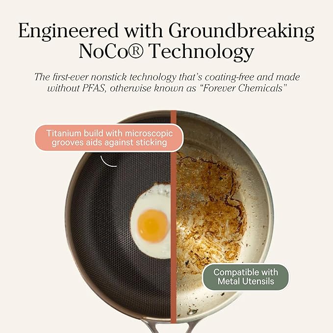 Crafted with professional-grade materials, this nonstick pan boasts a fully-clad tri-ply build, marrying a striking stainless steel exterior with an ultra-conductive aluminum core and a titanium interior that is 300% harder than regular stainless steel. Its 360 pour rim ensures smooth, drip-free pouring, while the innovative lid design prevents steam release issues, keeping the handle cooler and safer to touch. This combination of thoughtful design and cutting-edge technology makes it a virtually indestructible, superior cooking tool, perfect for both amateur and professional chefs.