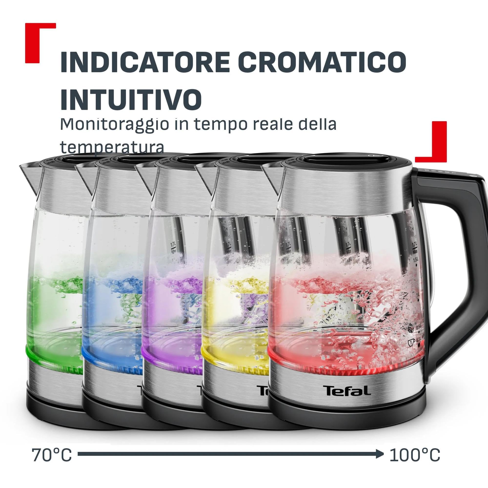 Tefal Express, Bollitore Elettrico In Vetro, Controllo Dal Manico, 1.7 L, 5 Livelli Di Temperatura, Monitoraggio In Tempo Reale, KO760DE0