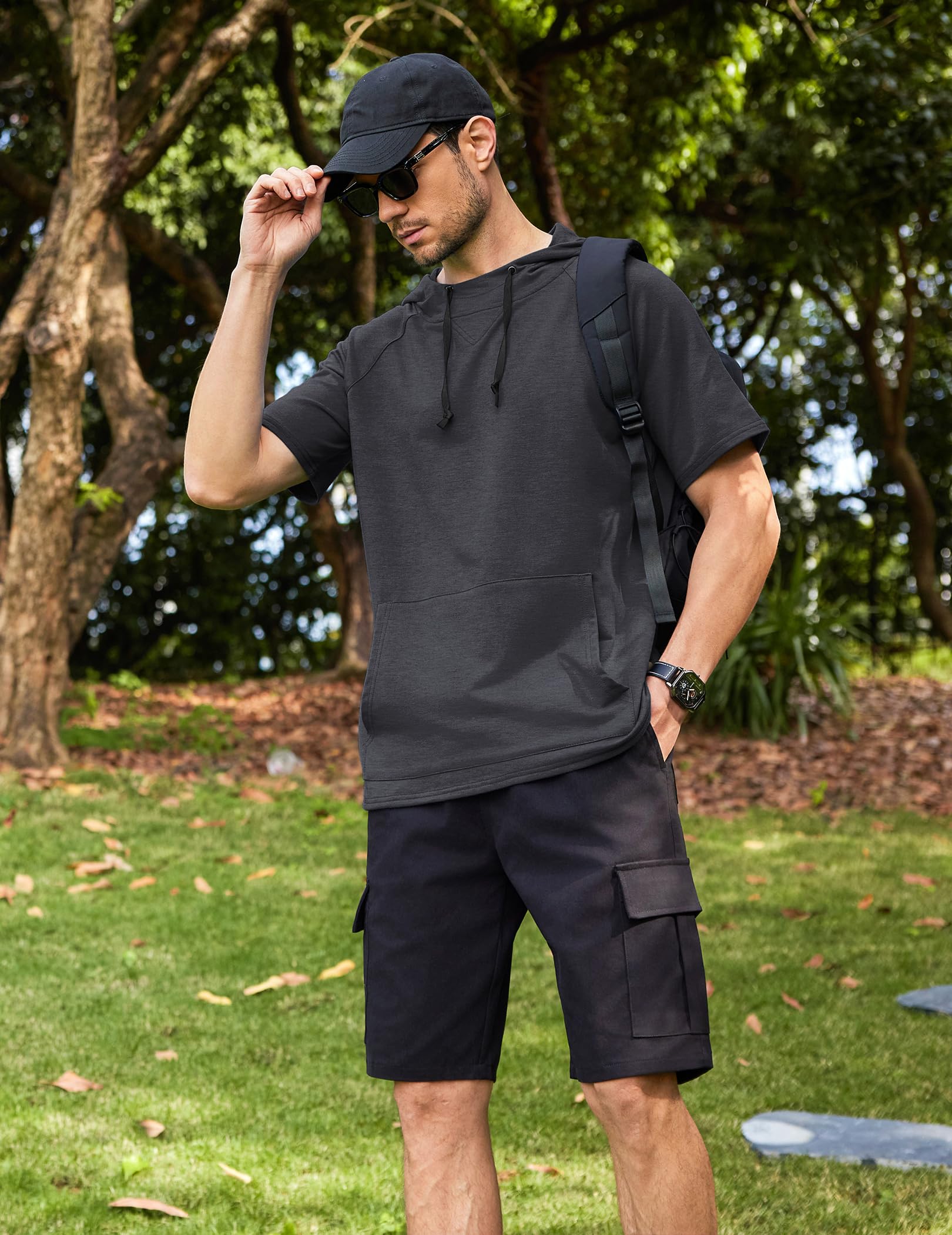 COOFANDY Felpa Uomo con Cappuccio Manica Corta Hoodie Oversize Leggero per Palestra e Tempo Libero T-Shirt Sportiva con Tasca a Marsupio