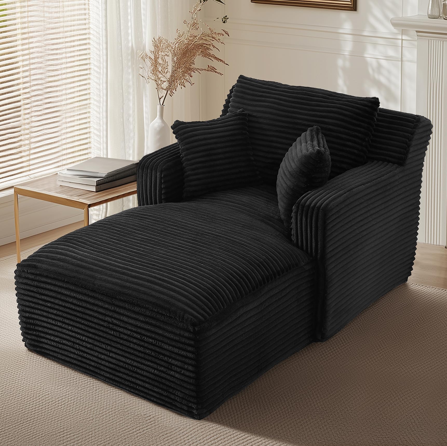 KIVENJAJA 66" Oversized Chaise Lounge Chair Indoor, Corduroy Boneless Lounge Couch Comfy Upholstered Sleeper Sofa with 3 Pillows, Modern Cloud Reading